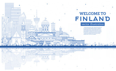 Obraz premium Outline Finland city skyline with blue buildings and reflections. Concept with historic and modern architecture. Finland cityscape with landmarks. Helsinki. Espoo. Vantaa. Oulu.