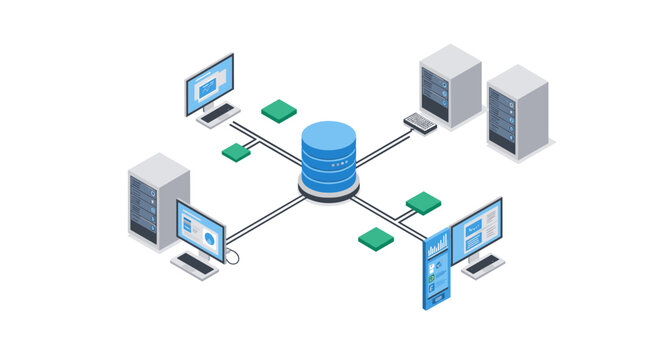 Isometric server network diagram with connected devices and central data storage