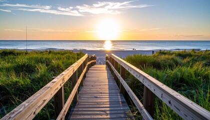Wooden Pathway to the Ocean at Sunset – Peaceful Beach Landscape with Golden Sky Reflection