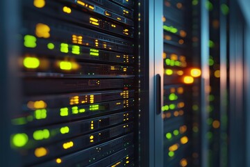Glowing server racks in a modern data center with green and orange lights for cloud technology, secure storage, and network infrastructure, ideal for IT and business visuals