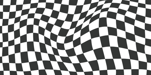 Obraz premium Groovy hand drawn checkered seamless pattern race flag vector background wavy in black and white colors