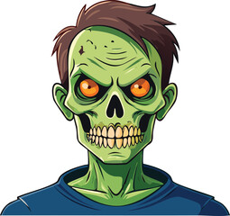 Illustration of a zombie's head and shoulders, featuring distinctive green skin, glowing orange eyes, and messy brown hair.