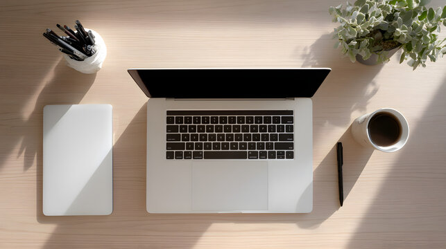 Fototapeta Neutral minimalist workspace with closed laptop and stylus, organized creative environment --ar 16:9