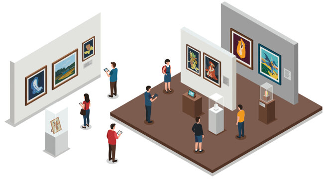 Art exhibition with people viewing various paintings and sculptures in isometric gallery