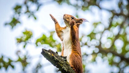 Obraz premium Red squirrel perched on a branch, paws raised, against a blurred leafy background