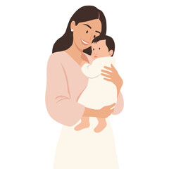 flat vector of beautiful female mother character with her baby child