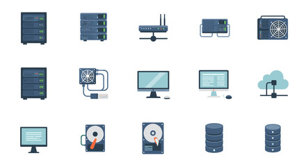 Network and data storage icon set: routers, servers, monitors