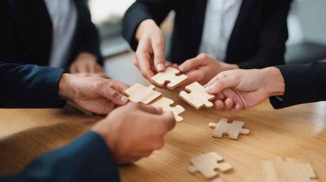 Collaborative teamwork is evident as businesspeople in formal attire connect wooden puzzle pieces, symbolizing unity and problem solving. atmosphere is focused and engaged, showcasing shared goal