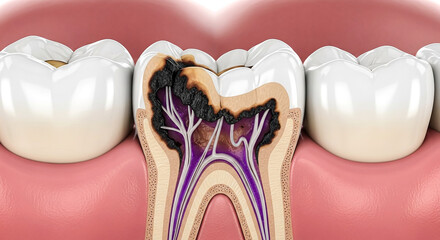 This detailed close-up visualizes a tooth suffering from significant decay with exposed roots nerves and pulp highlighting the damage caused by cavities and contrasting with adjacent healthy molars