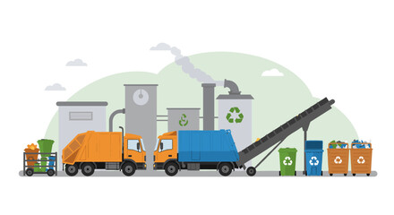 Fototapeta premium Recycling plant with trucks and bins in flat design for eco-friendly waste management