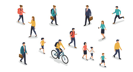 Diverse people walking and biking in isometric style on white background