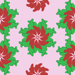 seamless pattern, red florals and green leaves on pink background, christmas fest