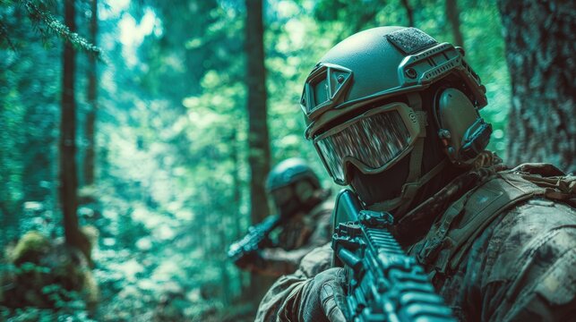 Soldiers practicing defensive maneuvers in forest environment with proper safety protocols, tactical skills, perfect for security training and professional development concept.