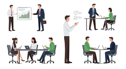 Office meeting scenes with business team in flat design
