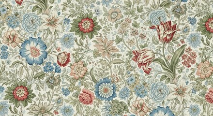 Vintage Floral Pattern with Blue Roses, Red Tulips, and Delicate
