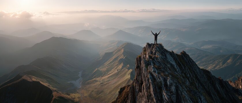 Solo hiker standing on mountain peak with arms raised victoriously, vast landscape surrounding, tiny figure against magnificent nature, perfect for achievement and personal growth concept