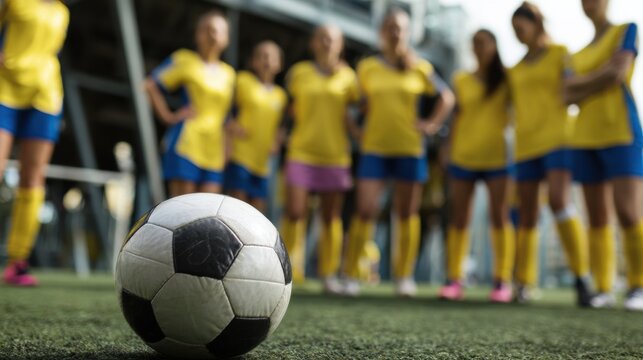 Close up of soccer ball vibrant turf field, surrounded by group of female athletes yellow uniforms, showcasing teamwork and determination. scene captures essence of sportsmanship and camaraderie