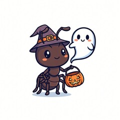 Adorable Cartoon Ant in Witch Hat with Ghost and Jack o lantern for Halloween