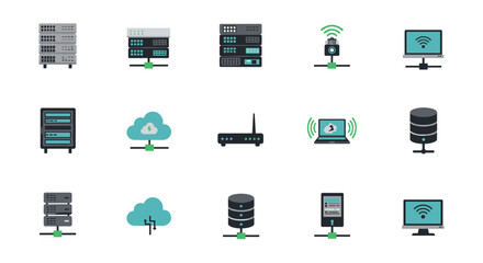 Network and cloud computing icons set with servers, routers, and wireless connections