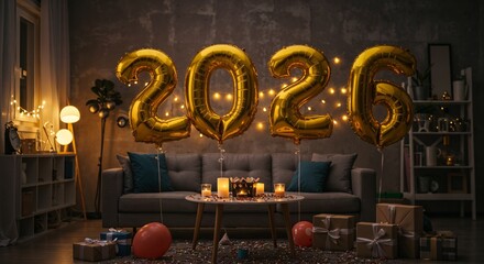 Shiny golden balloon numbers 2026 in modern living room confetti, gifts, and festive night lights