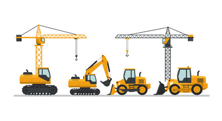 Construction equipment set featuring cranes and bulldozers in flat design