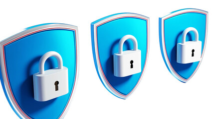 Three blue shields with white padlocks representing security and protection isolated on transparent background