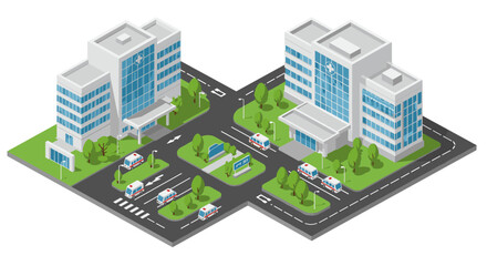 Modern hospital complex with ambulances on road in isometric view