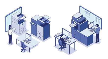 Modern office workflow with isometric printers and computers