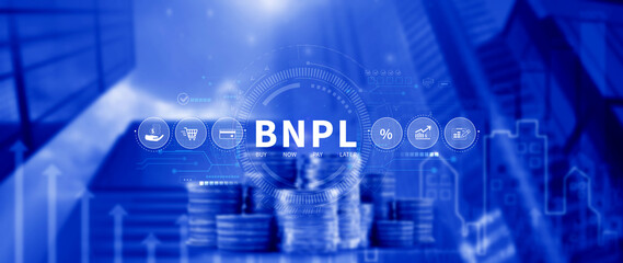 BNPL, Buy Now Pay Later concept. using with icons of BNPL with online shopping icons technology. BNPL buy now pay later online shopping concept.