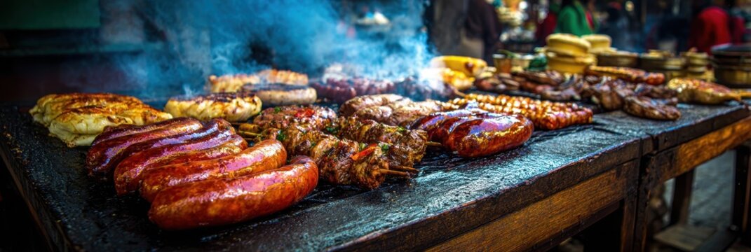Argentine Barbecue: Chorizo Sausages and Pork Meat Cooking on Parilla Grill at Street Food Market