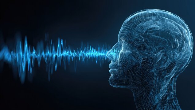 Digital head profile; sound waves emanating - Powered by Adobe