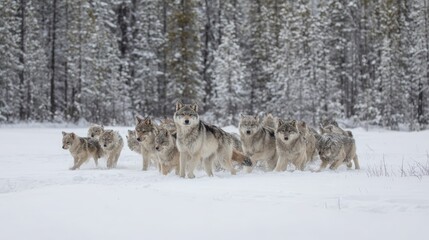 Wolf pack adults teaching pups proper hunting formations in snowy forest clearing, collaborative parenting and skill development, perfect for community education concept.