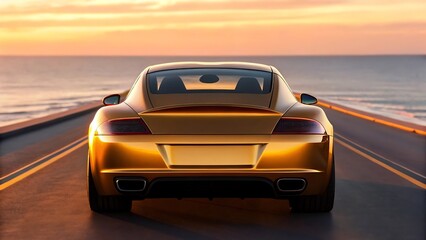 Golden coupe driving by the ocean at sunset gold car