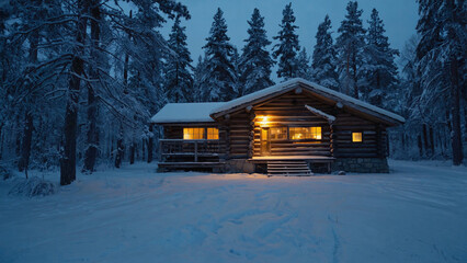Cozy Winter Cabin in Snow Covered Forest at Twilight Finland