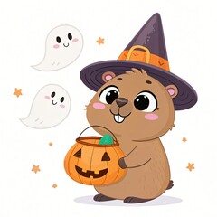 Adorable Marmot in Witch Hat with Pumpkin Trick or Treat Bucket and Friendly Ghosts for Halloween