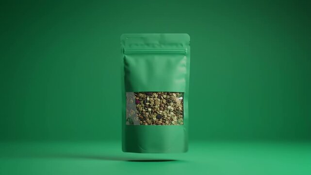Green Doypack with Clear Window Floating on Green Background, Displaying Dry Product