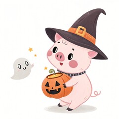 Adorable Piglet Witch in Halloween Costume Holding Jack o lantern with Ghost