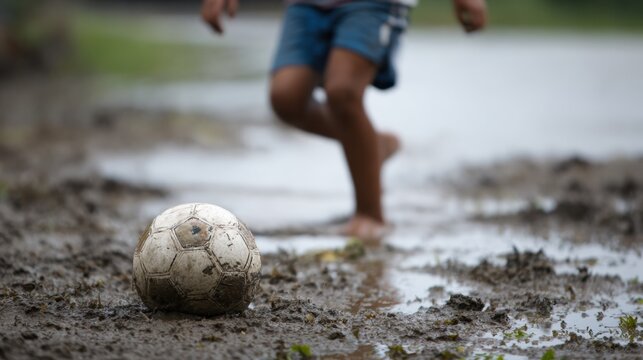 Child plays soccer in muddy terrain, with dirty soccer ball resting on ground. scene captures joy of outdoor play despite challenging conditions, showcasing resilience and spirit of youth