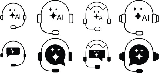 ai customer service icon set. Virtual help chat bot with headset. customer support bots
