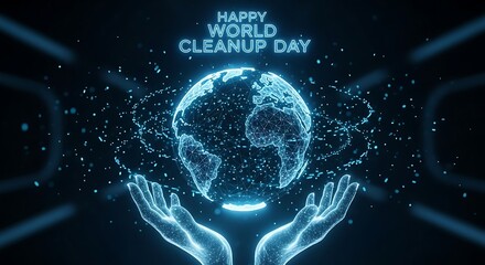 Happy world cleanup day with digital earth in hands for environmental awareness