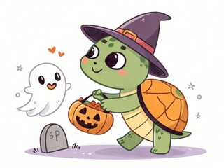 Obraz premium Adorable Turtle in Witch Costume Trick or Treating with Ghost for Halloween