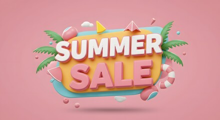 Cartoonish Summer Sale text atop a beachy backdrop on pink palm leaves around