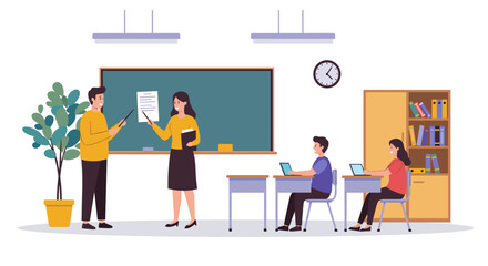Classroom scene with teacher and students engaged in learning activities