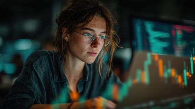 Focused female programmer analyzing data on laptop late at night