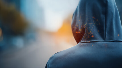A mysterious figure in a hoodie stands amidst an urban landscape, symbolizing anonymity and solitude in modern life.