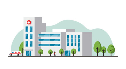 Obraz premium Modern hospital building concept with ambulance and trees
