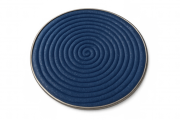 Close-up of burning blue spiral incense stick with transparent background, creating a mesmerizing pattern