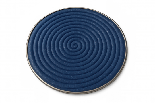 Close-up of burning blue spiral incense stick with transparent background, creating a mesmerizing pattern