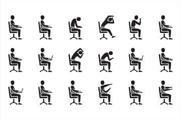 Seated exercise icons set for corporate wellness and posture
