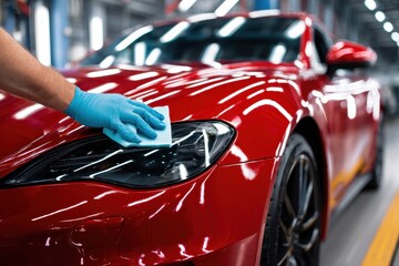 Waxing Red Car. Auto Care Service: Nanocoating Application on Vehicle Detail